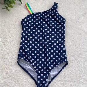 Land’s End Navy Polka Dot Rainbow Shoulder Swimsuit 10 EUC